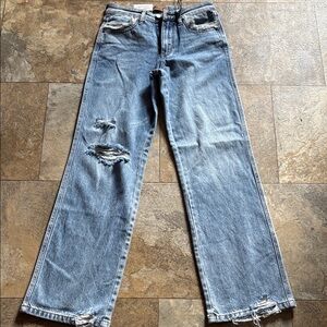 Judy Blue Distressed Straight Leg Jeans - Light Blue Rigid front